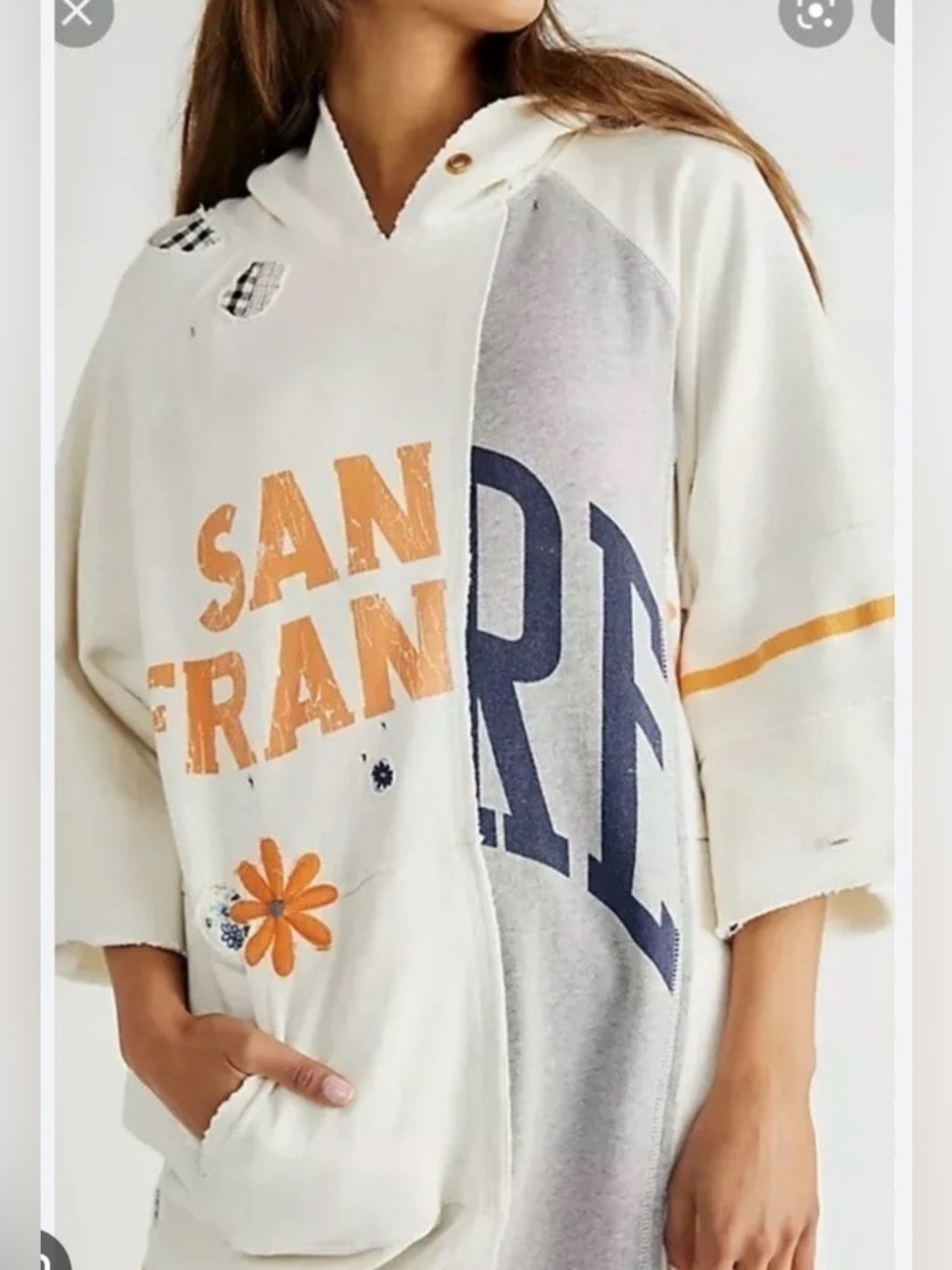 Free People Day Off Hoodie Distressed Embroidery Patchwork SF Cream/Gray Small